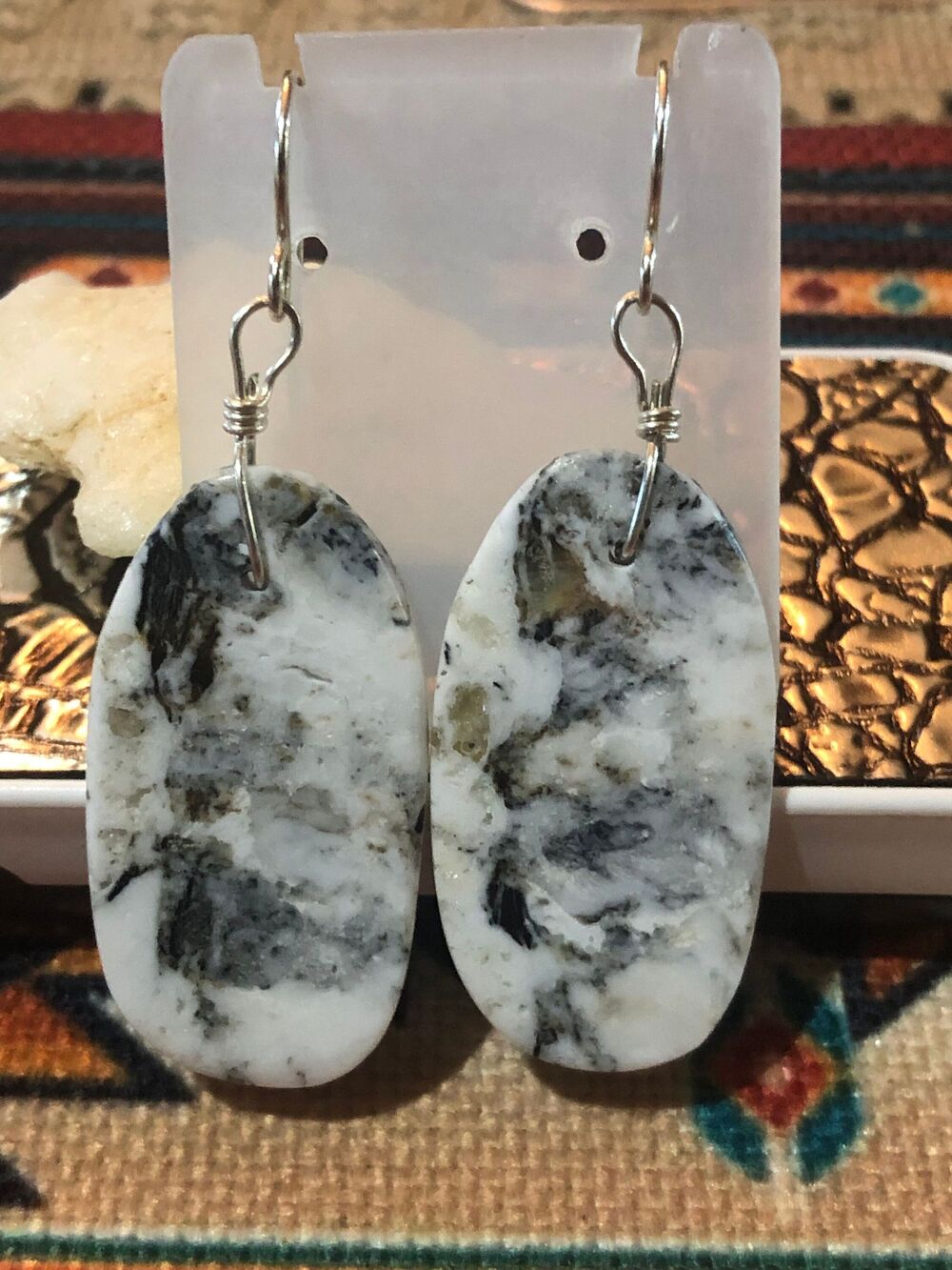 White Buffalo and Sterling Slab Earrings, Native American/Navajo made.